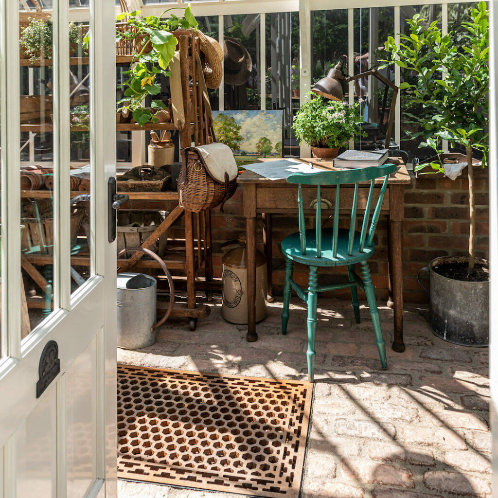 rustic brick pavers in sunny greenhouse